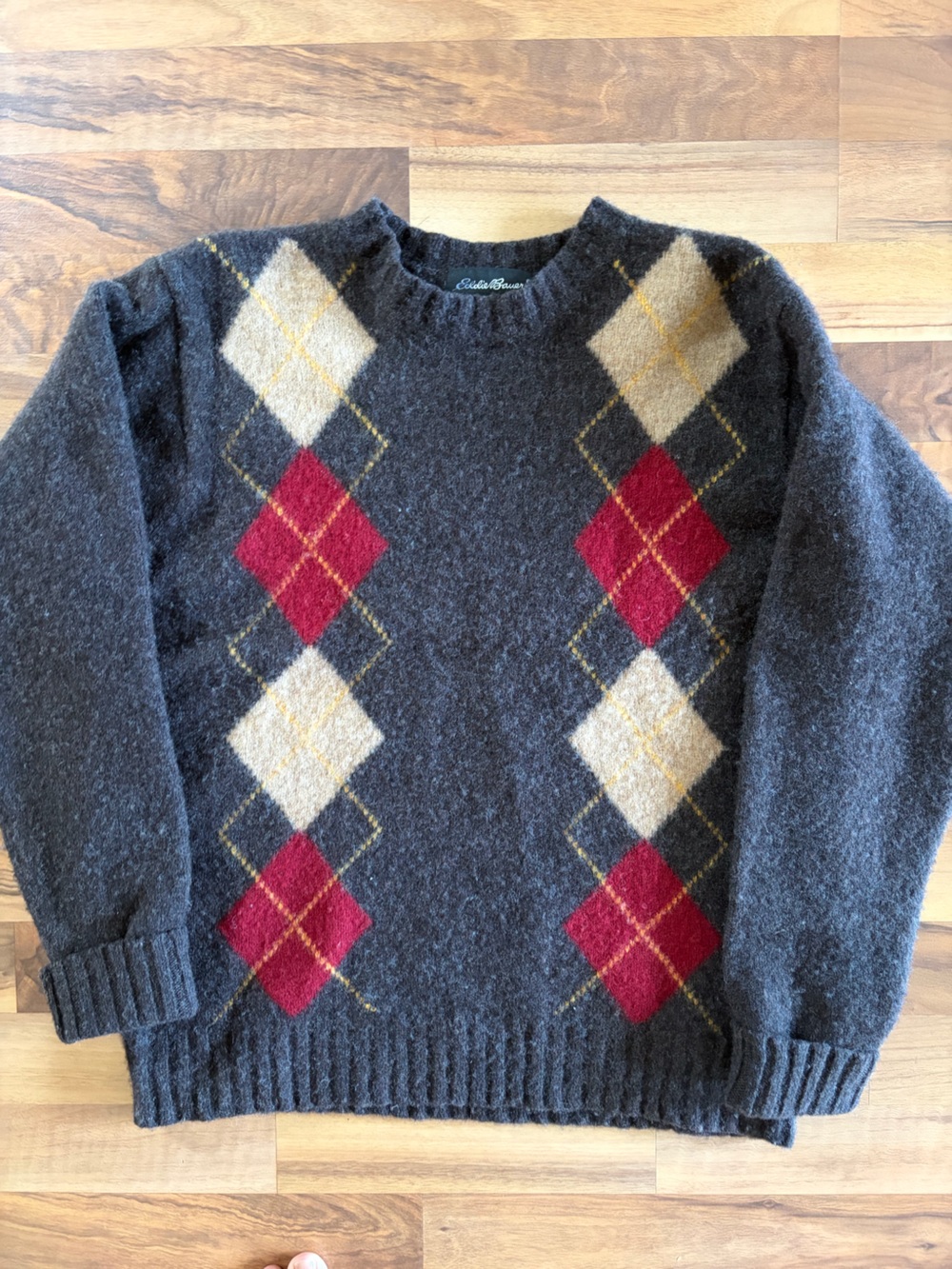 Eddie Bauer Charcoal Crewneck Sweater with Red and Cream Argyle